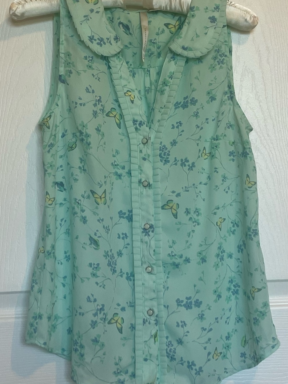 LC Lauren Conrad Butterfly Floral Peter Pan Collar Mint Blouse XS